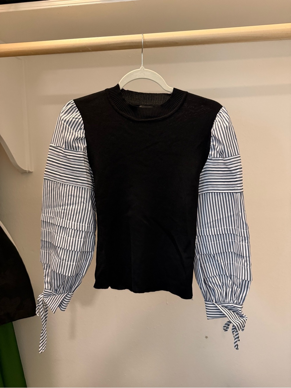 Gracia Black Knit Top with Blue & White Striped Puff Sleeves